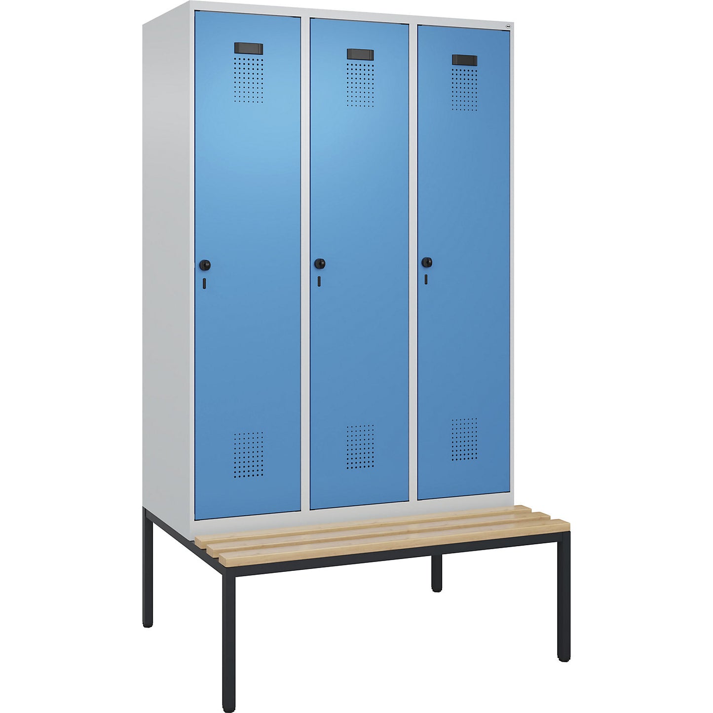Evolo PLUS clean and dirty bench seat clothes locker, narrow, 3 compartments, shortened centre divider, light grey / light blue, W 1200 mm, security rotary bolt, with bench fitted below, beech.
