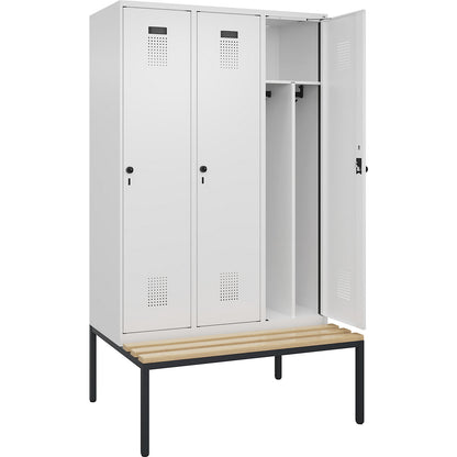 Evolo PLUS clean and dirty bench seat clothes locker, narrow, 3 compartments, shortened centre divider, white, W 1200 mm, security rotary bolt, with bench fitted below, beech.