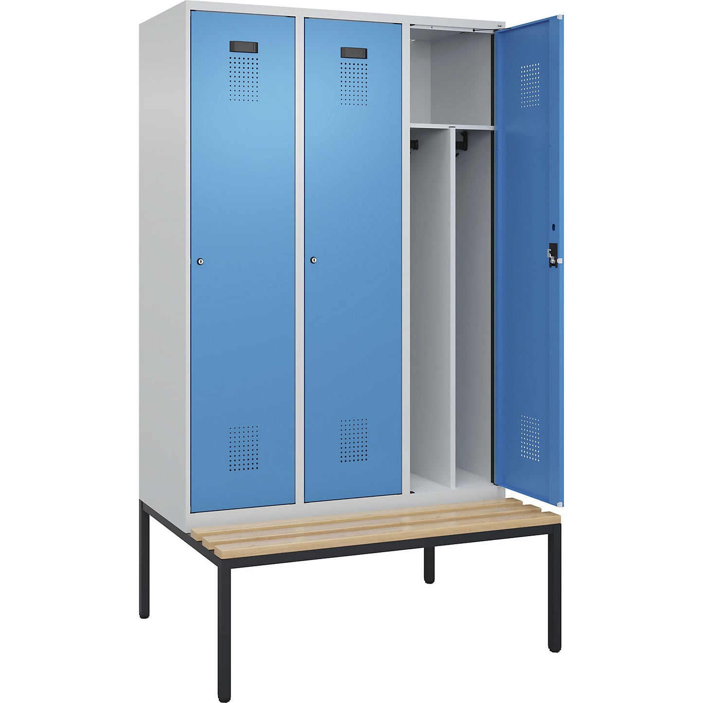 Evolo PLUS clean and dirty bench seat clothes locker, narrow, 3 compartments, shortened centre divider, light grey / light blue, W 1200 mm, cylinder lock, with bench fitted below, beech.