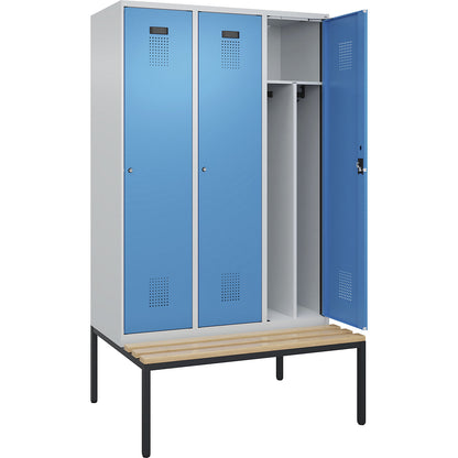 Evolo PLUS clean and dirty bench seat clothes locker, narrow, 3 compartments, shortened centre divider, light grey / light blue, W 1200 mm, cylinder lock, with bench fitted below, beech.