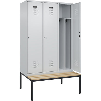 Evolo PLUS clean and dirty bench seat clothes locker, narrow, 3 compartments, shortened centre divider, light grey / light grey, W 1200 mm, cylinder lock, with bench fitted below, beech.