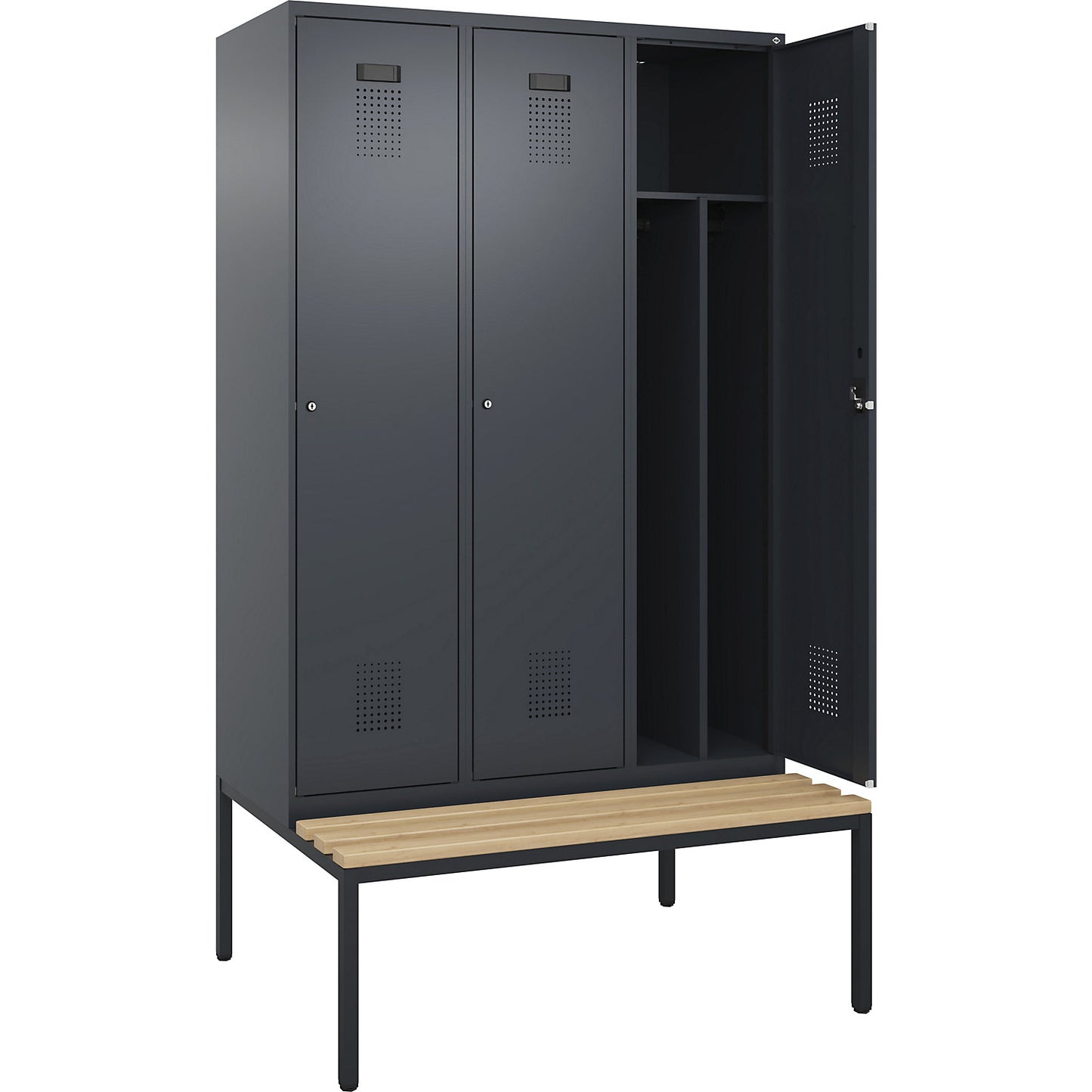 Evolo PLUS clean and dirty bench seat clothes locker, narrow, 3 compartments, shortened centre divider, grey, W 1200 mm, cylinder lock, with bench fitted below, beech.