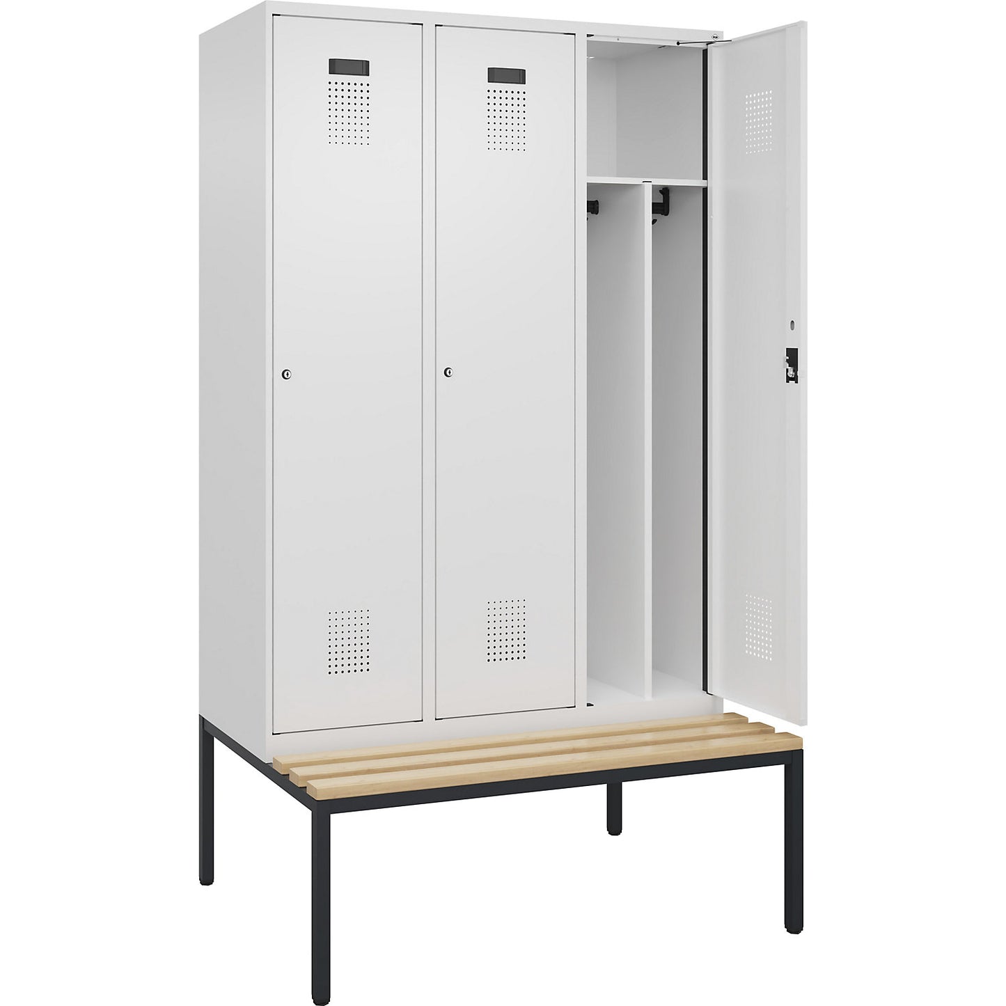Evolo PLUS clean and dirty bench seat clothes locker, narrow, 3 compartments, shortened centre divider, white, W 1200 mm, cylinder lock, with bench fitted below, beech.