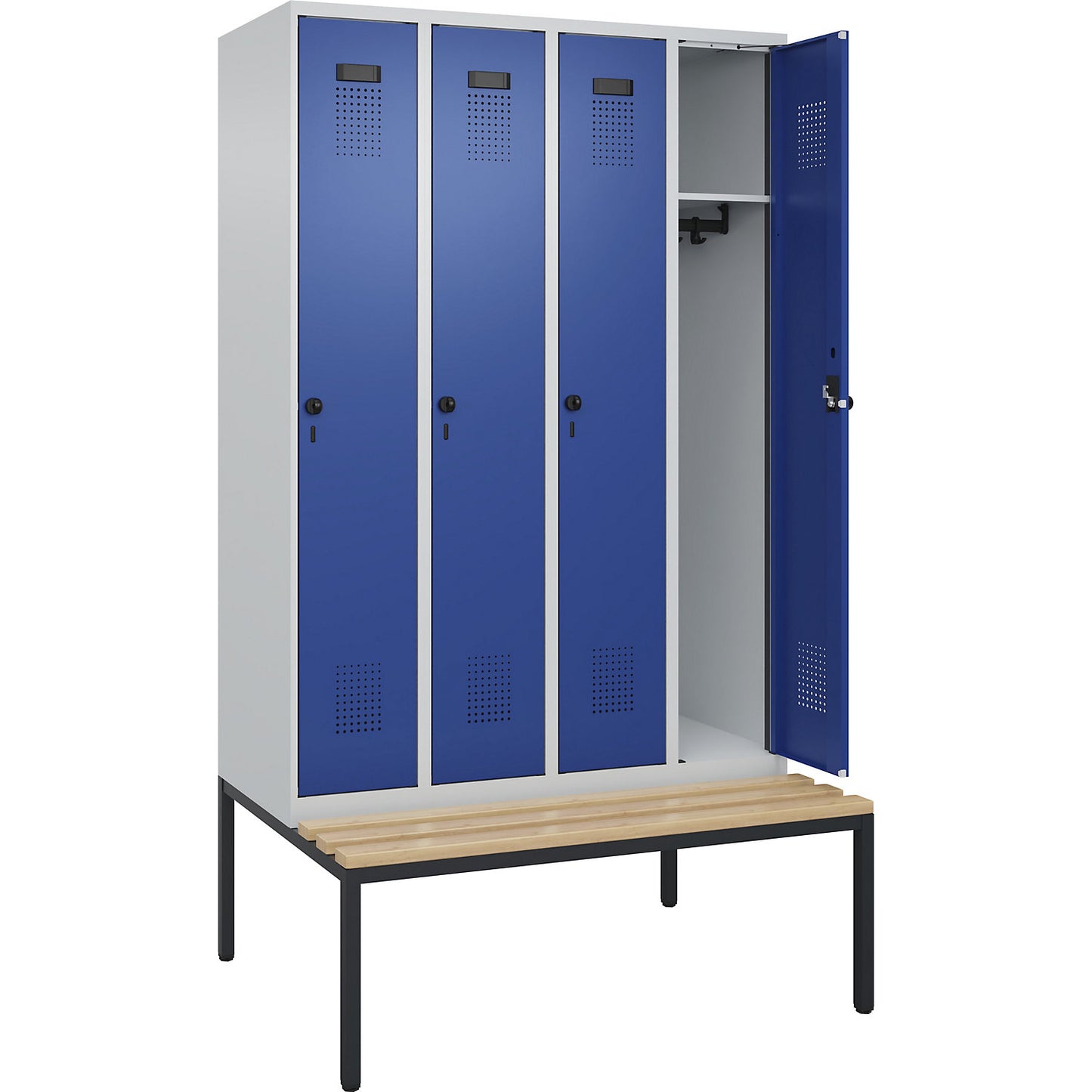 Evolo PLUS bench seat locker, 4 compartments, light grey / gentian blue, W 1200 mm, security rotary bolt, with bench fitted below, beech.