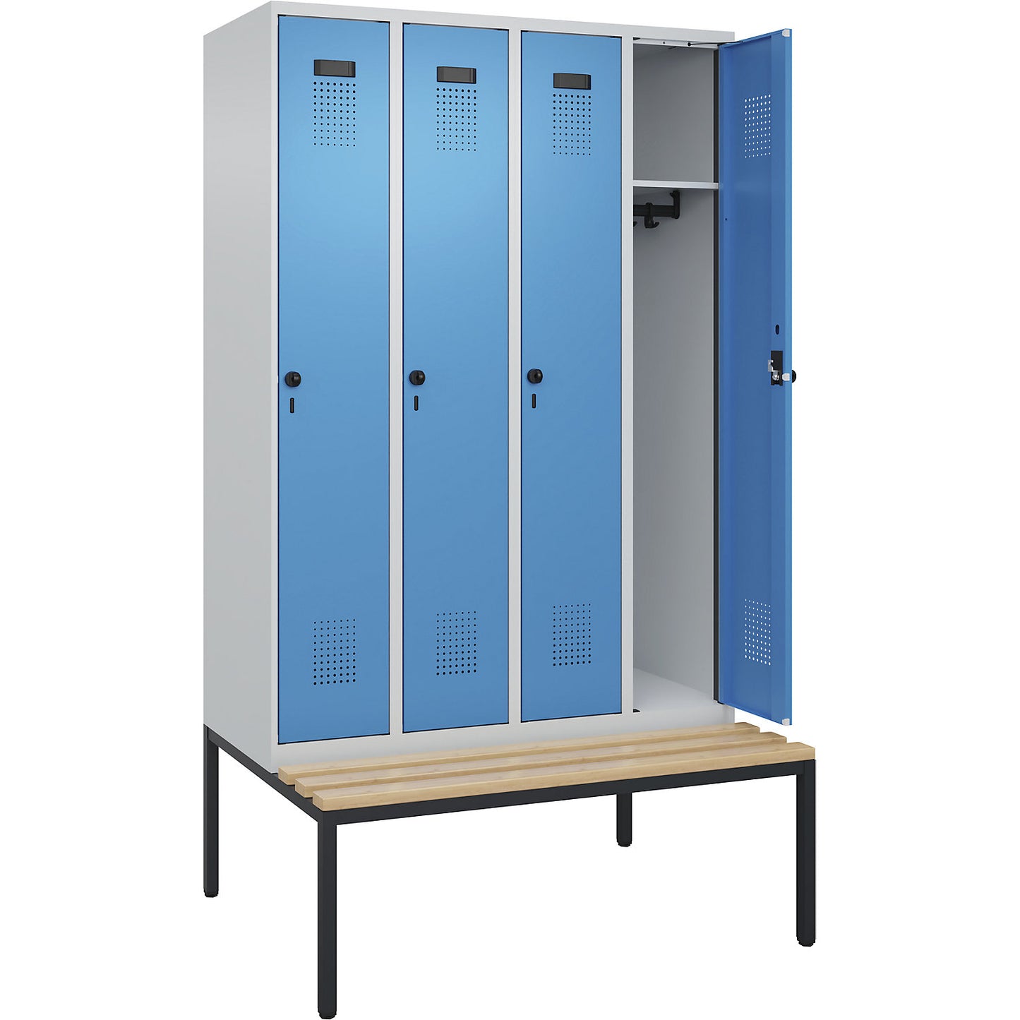 Evolo PLUS bench seat locker, 4 compartments, light grey / light blue, W 1200 mm, security rotary bolt, with bench fitted below, beech.