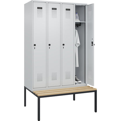 Evolo PLUS bench seat locker, 4 compartments, light grey / light grey, W 1200 mm, security rotary bolt, with bench fitted below, beech.