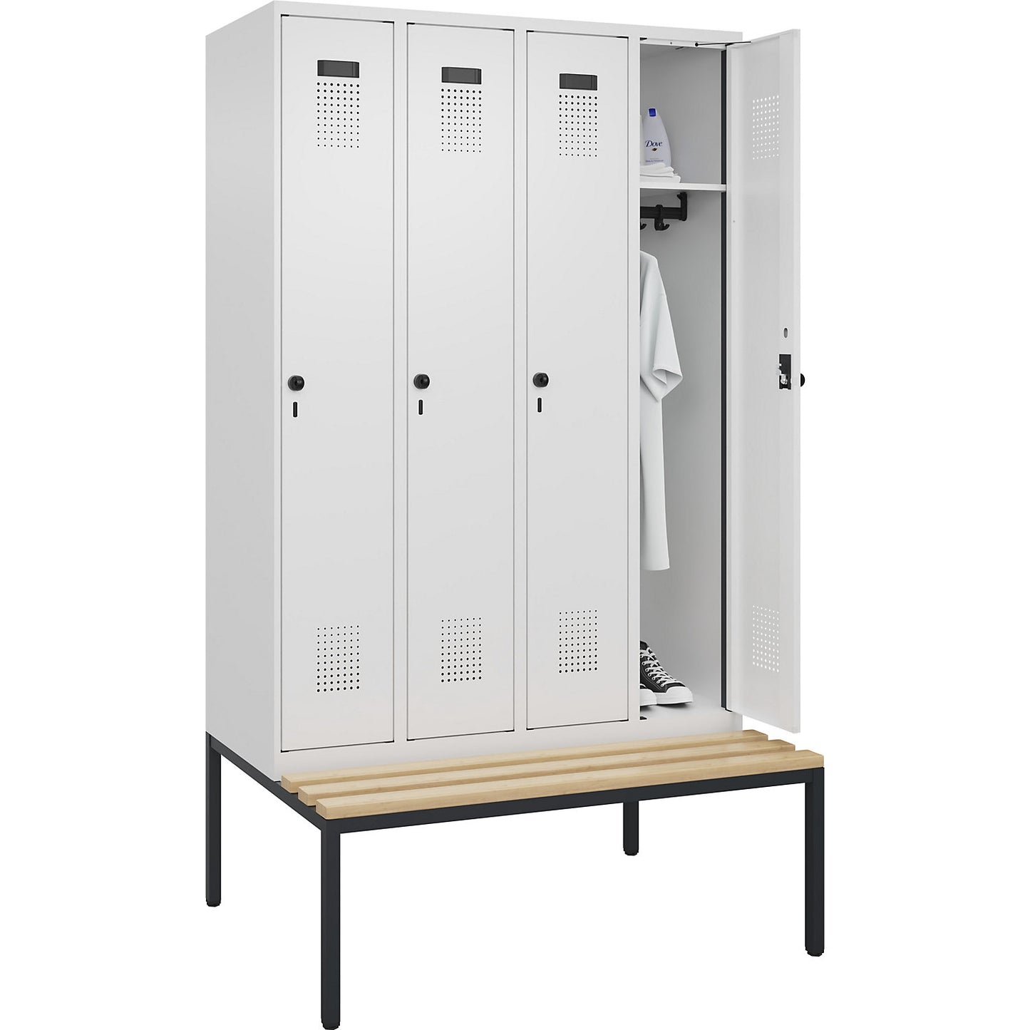 Evolo PLUS bench seat locker, 4 compartments, white, W 1200 mm, security rotary bolt, with bench fitted below, beech.