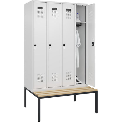 Evolo PLUS bench seat locker, 4 compartments, white, W 1200 mm, security rotary bolt, with bench fitted below, beech.