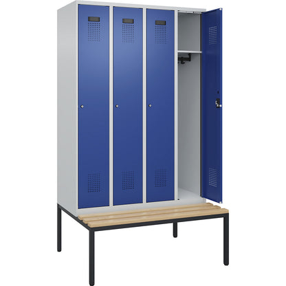 Evolo PLUS bench seat locker, 4 compartments, light grey / gentian blue, W 1200 mm, cylinder lock, with bench fitted below, beech.