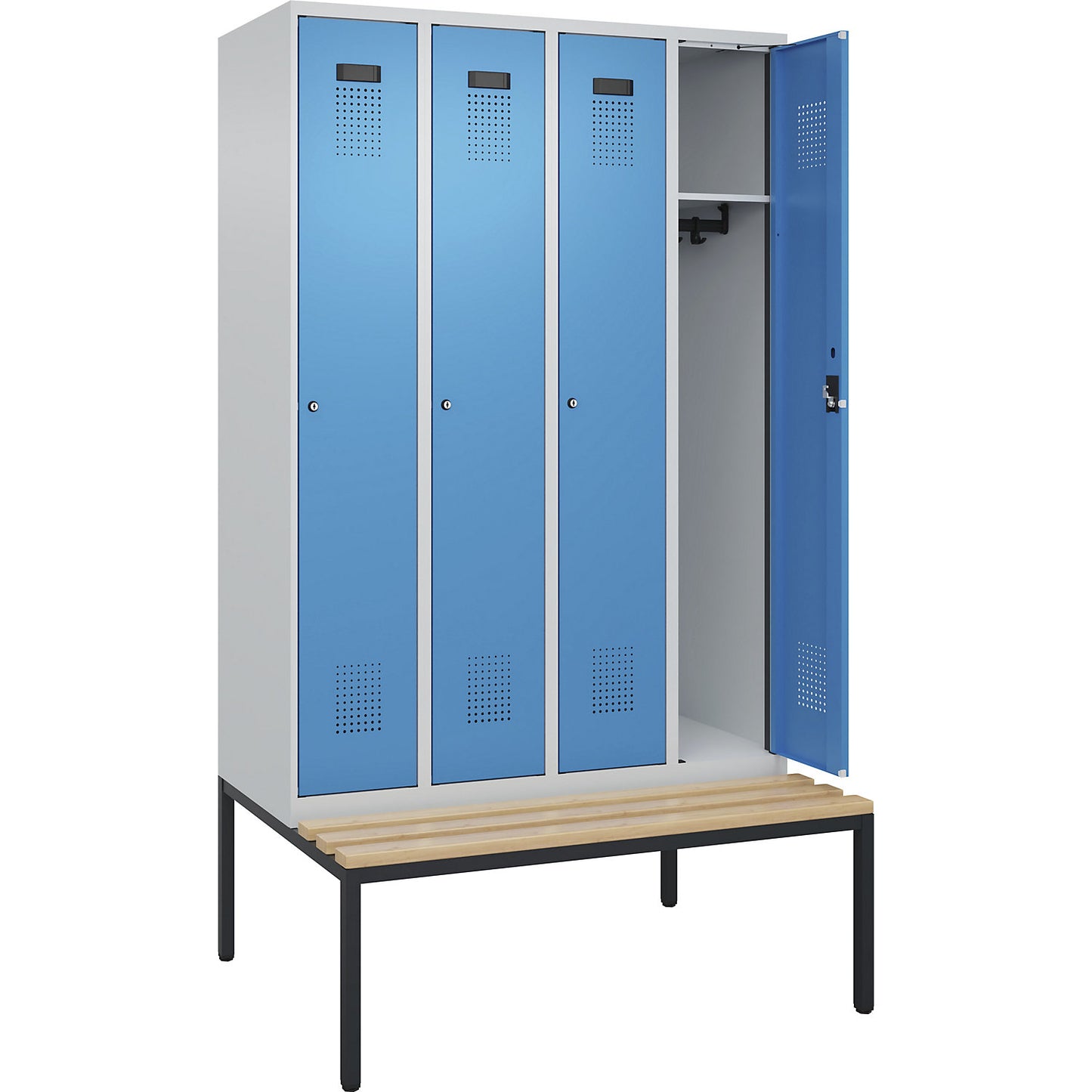 Evolo PLUS bench seat locker, 4 compartments, light grey / light blue, W 1200 mm, cylinder lock, with bench fitted below, beech.