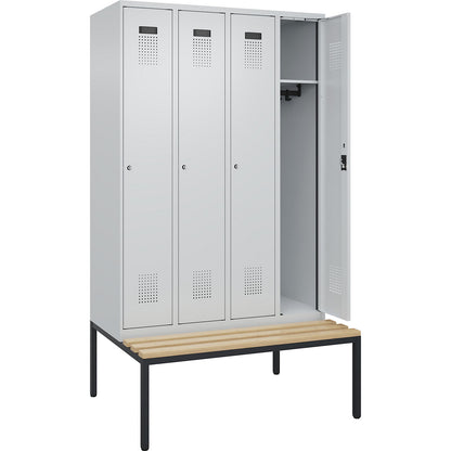 Evolo PLUS bench seat locker, 4 compartments, light grey / light grey, W 1200 mm, cylinder lock, with bench fitted below, beech.