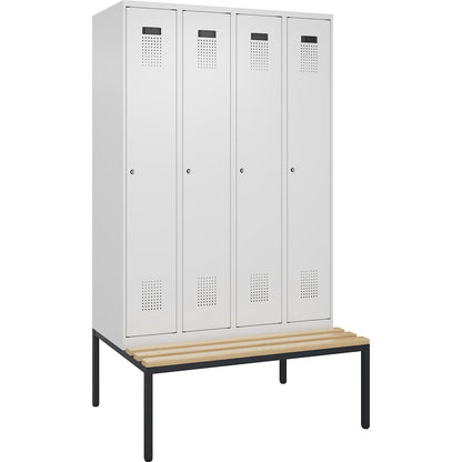 Evolo PLUS bench seat locker, 4 compartments, white, W 1200 mm, cylinder lock, with bench fitted below, beech.