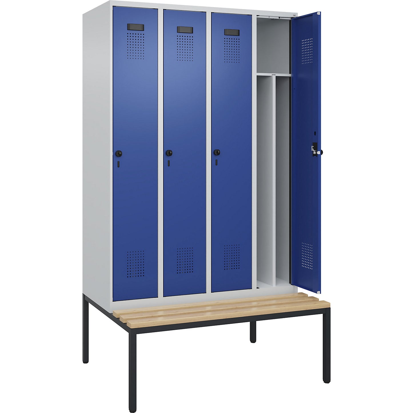 Evolo PLUS clean and dirty bench seat clothes locker, narrow, 4 compartments, shortened centre divider, light grey / gentian blue, W 1200 mm, security rotary bolt, with bench fitted below, beech.