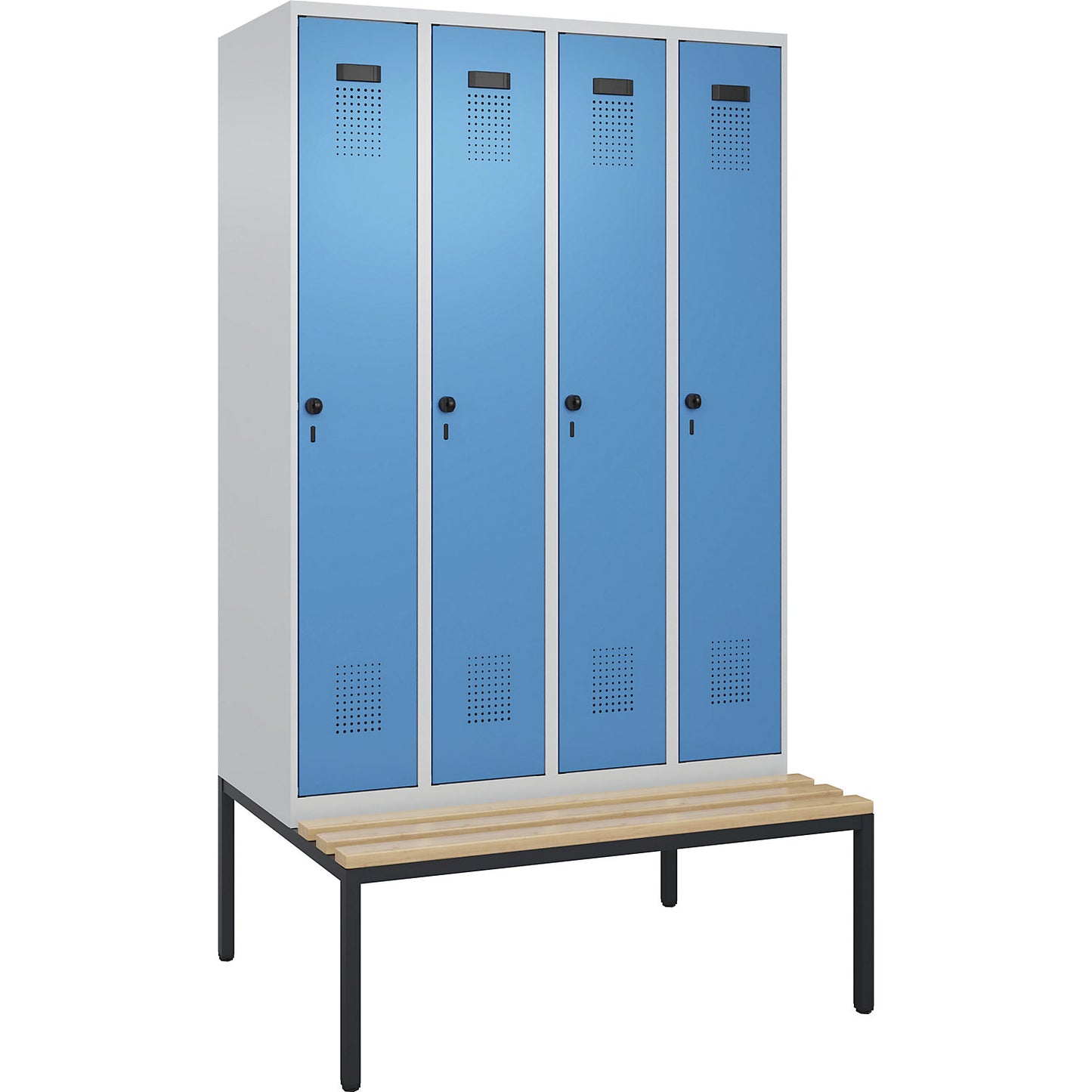 Evolo PLUS clean and dirty bench seat clothes locker, narrow, 4 compartments, shortened centre divider, light grey / light blue, W 1200 mm, security rotary bolt, with bench fitted below, beech.