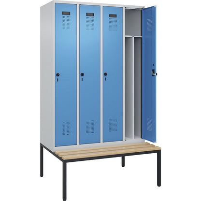 Evolo PLUS clean and dirty bench seat clothes locker, narrow, 4 compartments, shortened centre divider, light grey / light blue, W 1200 mm, security rotary bolt, with bench fitted below, beech.