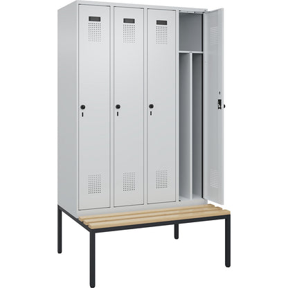 Evolo PLUS clean and dirty bench seat clothes locker, narrow, 4 compartments, shortened centre divider, light grey / light grey, W 1200 mm, security rotary bolt, with bench fitted below, beech.