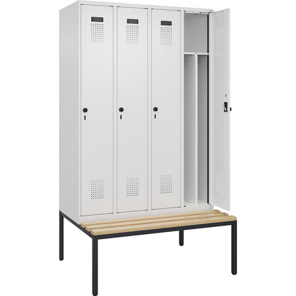 Evolo PLUS clean and dirty bench seat clothes locker, narrow, 4 compartments, shortened centre divider, white, W 1200 mm, security rotary bolt, with bench fitted below, beech.
