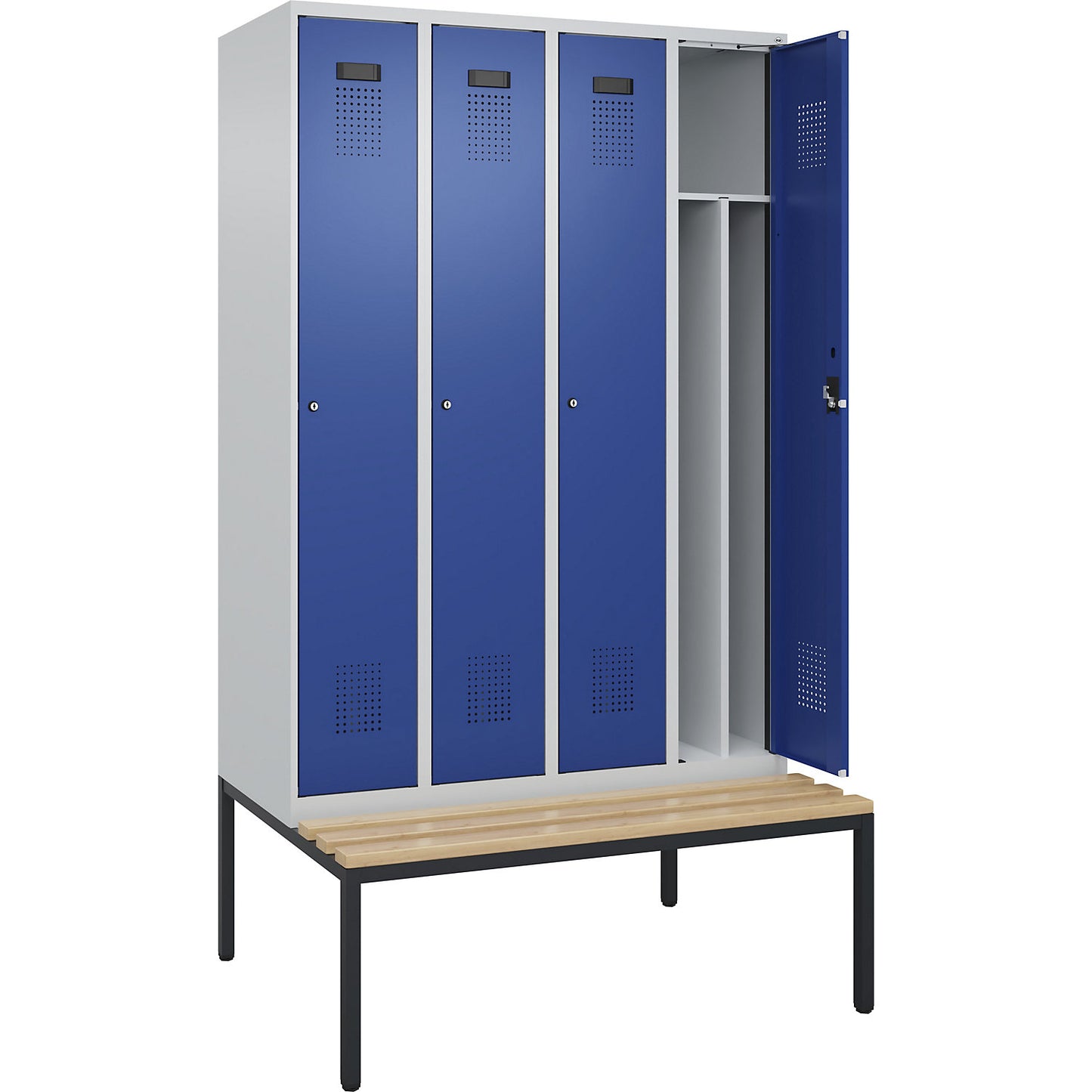 Evolo PLUS clean and dirty bench seat clothes locker, narrow, 4 compartments, shortened centre divider, light grey / gentian blue, W 1200 mm, cylinder lock, with bench fitted below, beech.