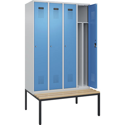 Evolo PLUS clean and dirty bench seat clothes locker, narrow, 4 compartments, shortened centre divider, light grey / light blue, W 1200 mm, cylinder lock, with bench fitted below, beech.