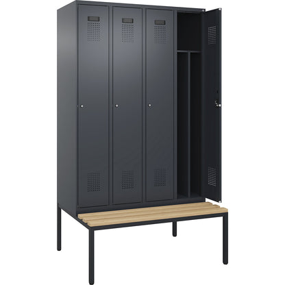 Evolo PLUS clean and dirty bench seat clothes locker, narrow, 4 compartments, shortened centre divider, grey, W 1200 mm, cylinder lock, with bench fitted below, beech.