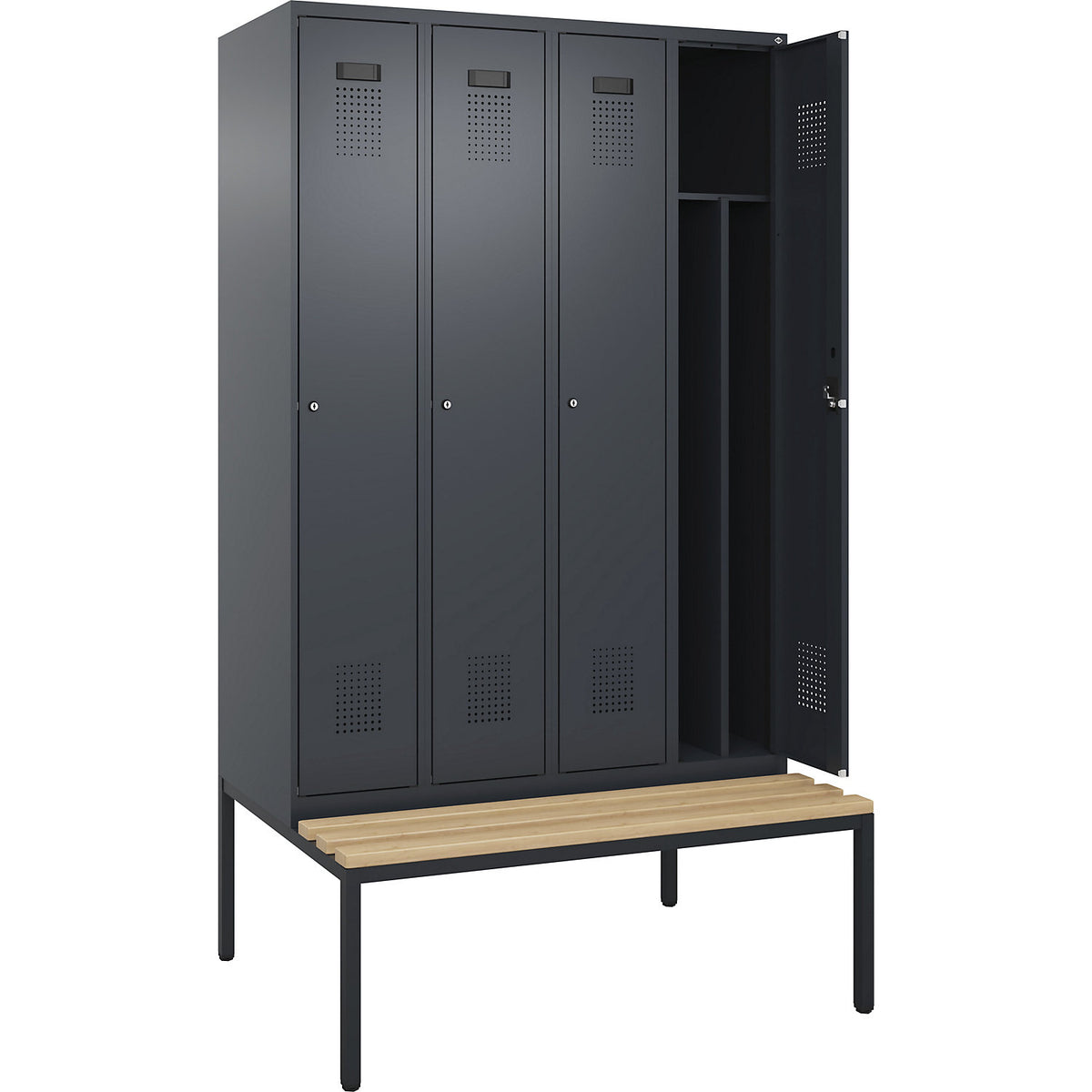 Evolo PLUS clean and dirty bench seat clothes locker, narrow, 4 compartments, shortened centre divider, grey, W 1200 mm, cylinder lock, with bench fitted below, beech.
