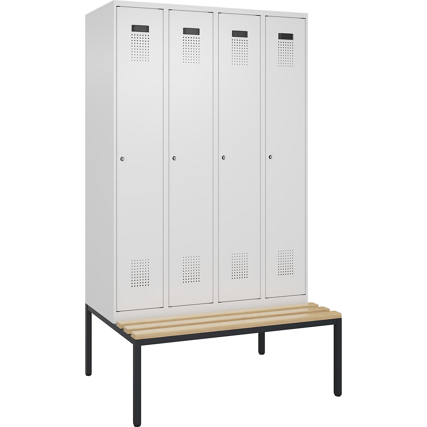 Evolo PLUS clean and dirty bench seat clothes locker, narrow, 4 compartments, shortened centre divider, white, W 1200 mm, cylinder lock, with bench fitted below, beech.