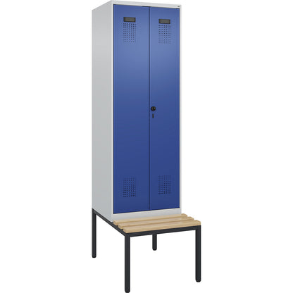 Evolo PLUS clean and dirty bench seat clothes locker, 2 compartments, shortened centre divider, light grey / gentian blue, W 600 mm, security rotary bolt, with bench fitted below, beech.
