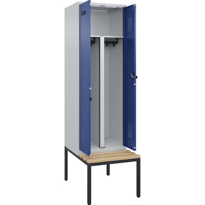 Evolo PLUS clean and dirty bench seat clothes locker, 2 compartments, shortened centre divider, light grey / gentian blue, W 600 mm, security rotary bolt, with bench fitted below, beech.