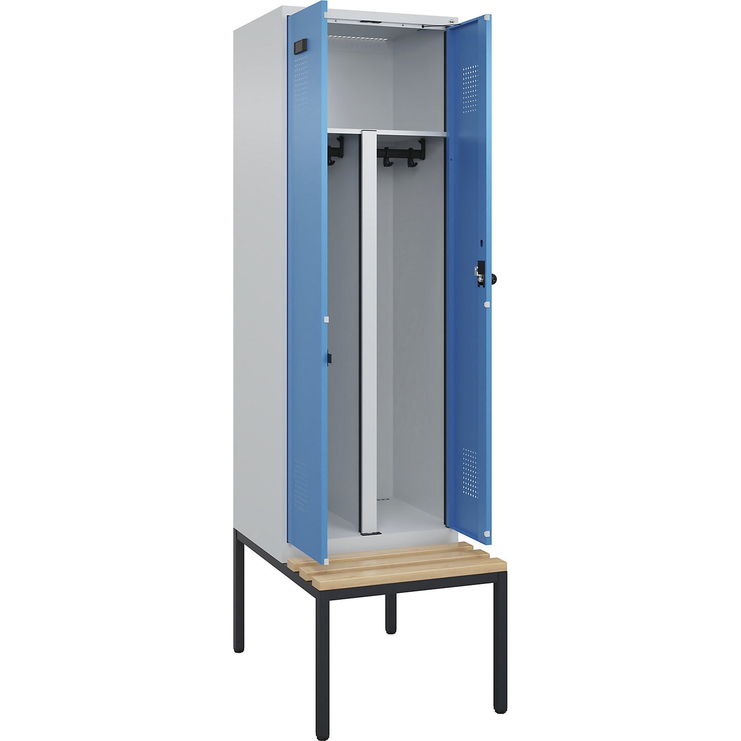 Evolo PLUS clean and dirty bench seat clothes locker, 2 compartments, shortened centre divider, light grey / light blue, W 600 mm, security rotary bolt, with bench fitted below, beech.