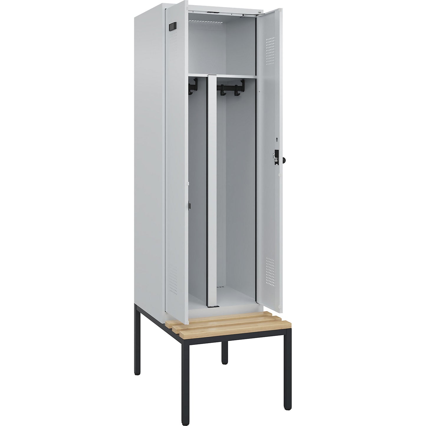 Evolo PLUS clean and dirty bench seat clothes locker, 2 compartments, shortened centre divider, light grey / light grey, W 600 mm, security rotary bolt, with bench fitted below, beech.