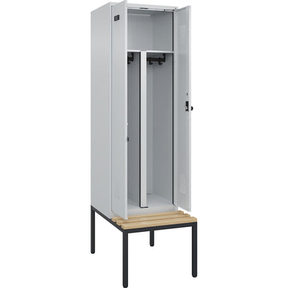 Evolo PLUS clean and dirty bench seat clothes locker, 2 compartments, shortened centre divider, light grey / light grey, W 600 mm, security rotary bolt, with bench fitted below, beech.