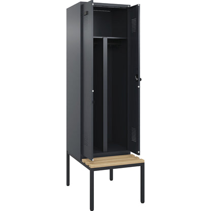 Evolo PLUS clean and dirty bench seat clothes locker, 2 compartments, shortened centre divider, grey, W 600 mm, security rotary bolt, with bench fitted below, beech.