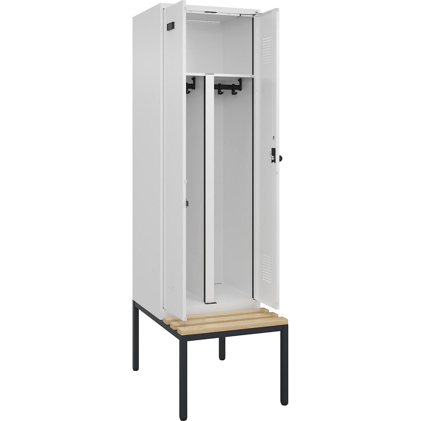 Evolo PLUS clean and dirty bench seat clothes locker, 2 compartments, shortened centre divider, white, W 600 mm, security rotary bolt, with bench fitted below, beech.