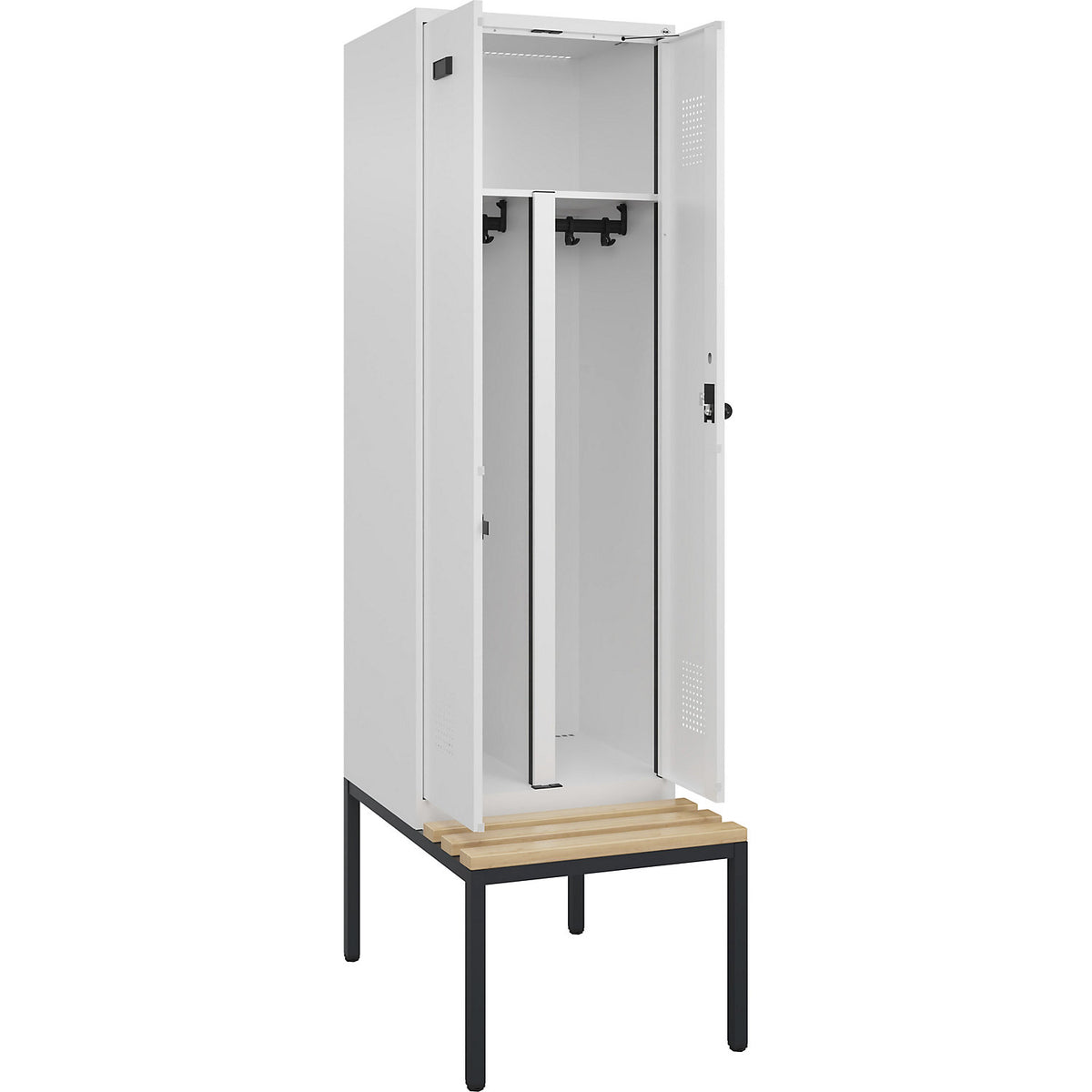 Evolo PLUS clean and dirty bench seat clothes locker, 2 compartments, shortened centre divider, white, W 600 mm, security rotary bolt, with bench fitted below, beech.