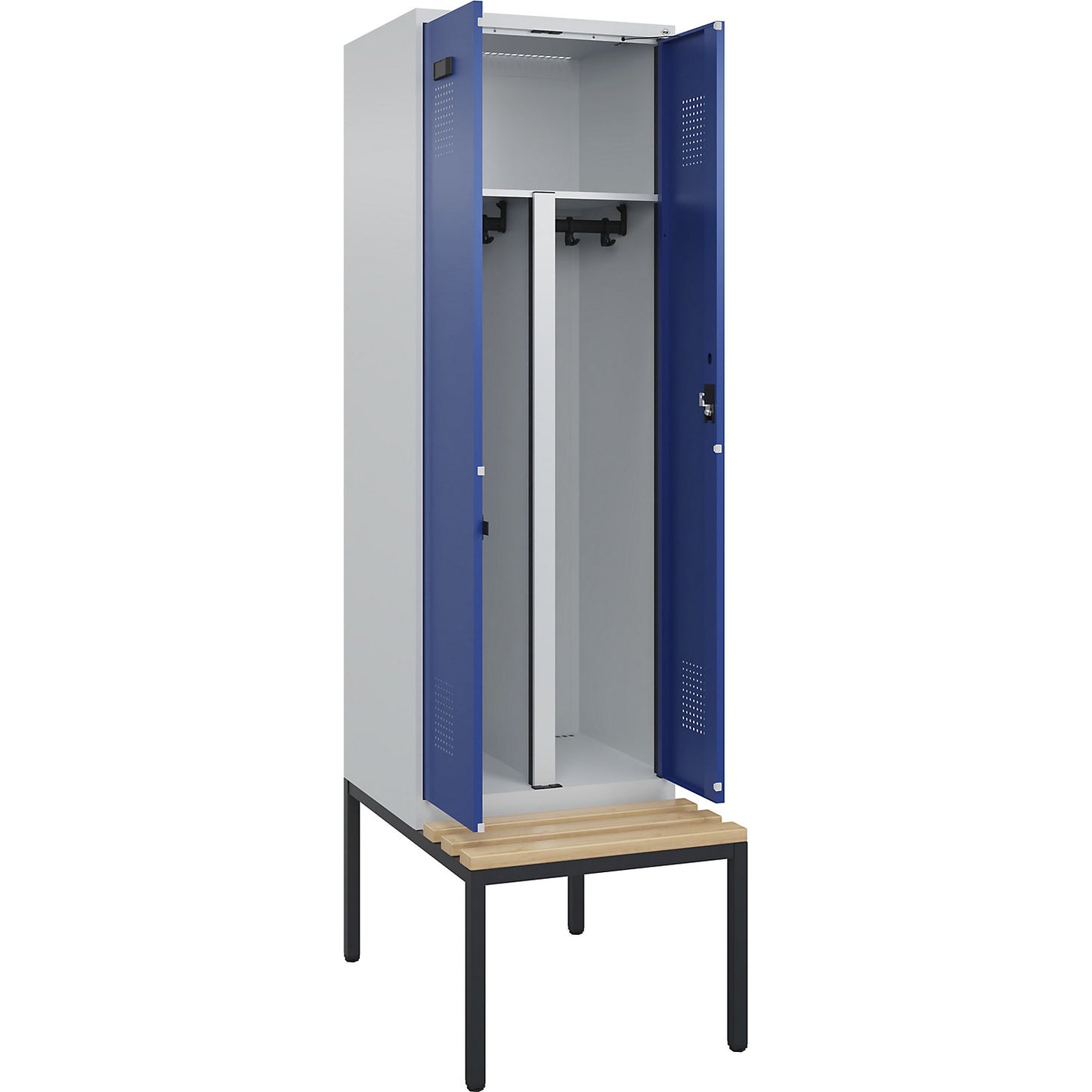 Evolo PLUS clean and dirty bench seat clothes locker, 2 compartments, shortened centre divider, light grey / gentian blue, W 600 mm, cylinder lock, with bench fitted below, beech.