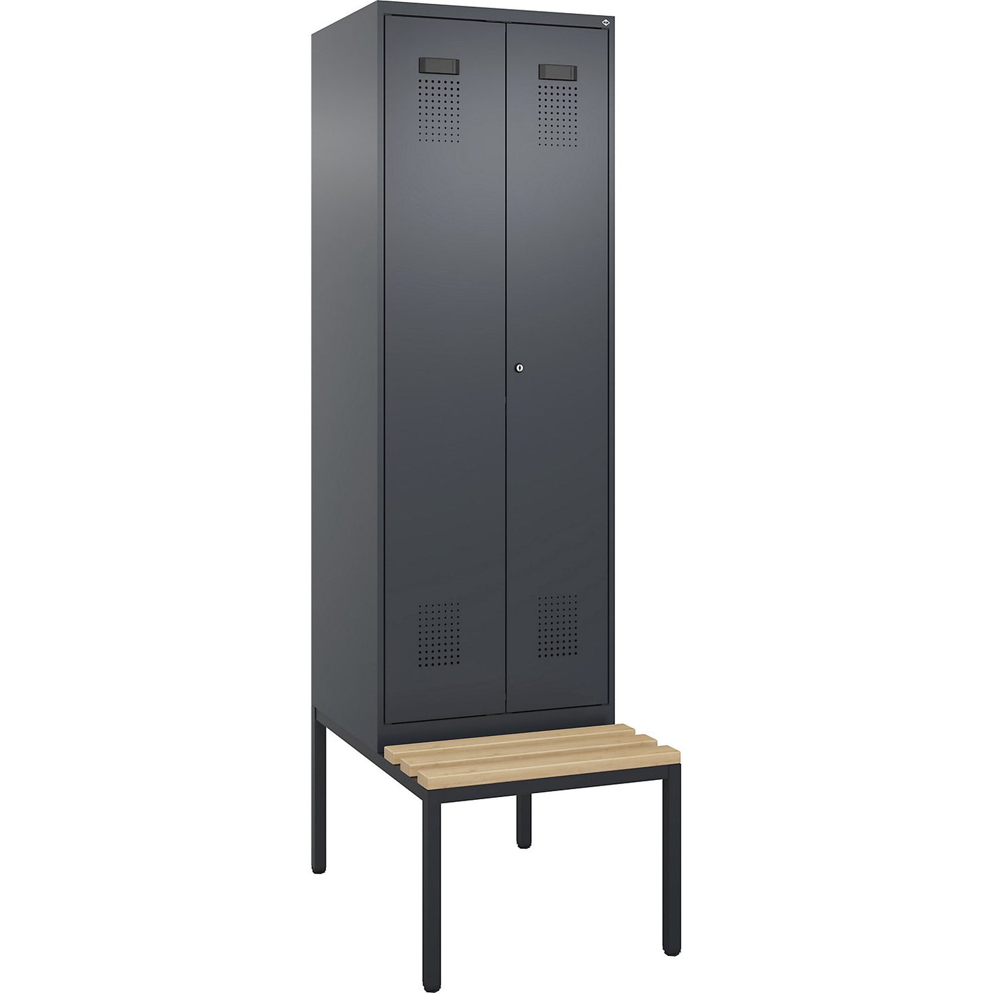 Evolo PLUS clean and dirty bench seat clothes locker, 2 compartments, shortened centre divider, grey, W 600 mm, cylinder lock, with bench fitted below, beech.