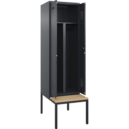 Evolo PLUS clean and dirty bench seat clothes locker, 2 compartments, shortened centre divider, grey, W 600 mm, cylinder lock, with bench fitted below, beech.