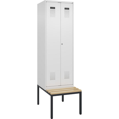 Evolo PLUS clean and dirty bench seat clothes locker, 2 compartments, shortened centre divider, white, W 600 mm, cylinder lock, with bench fitted below, beech.