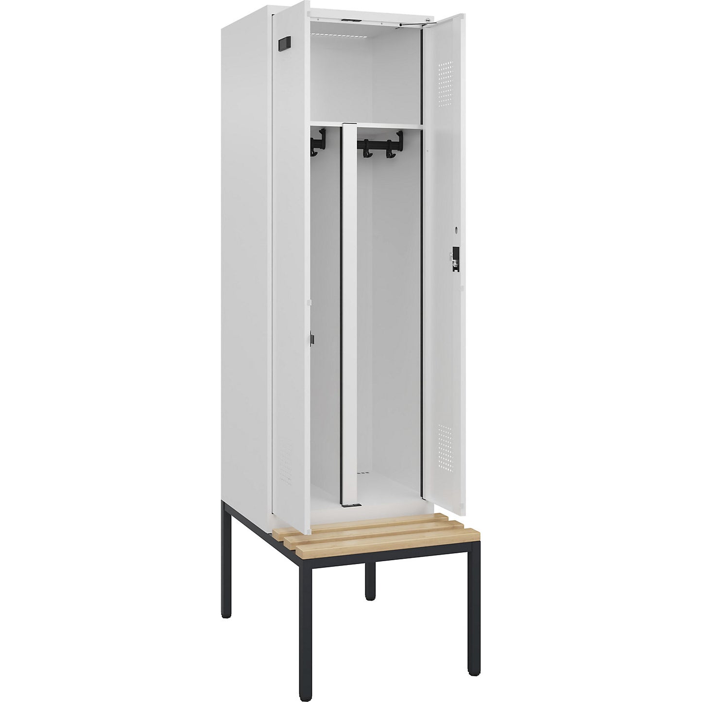 Evolo PLUS clean and dirty bench seat clothes locker, 2 compartments, shortened centre divider, white, W 600 mm, cylinder lock, with bench fitted below, beech.