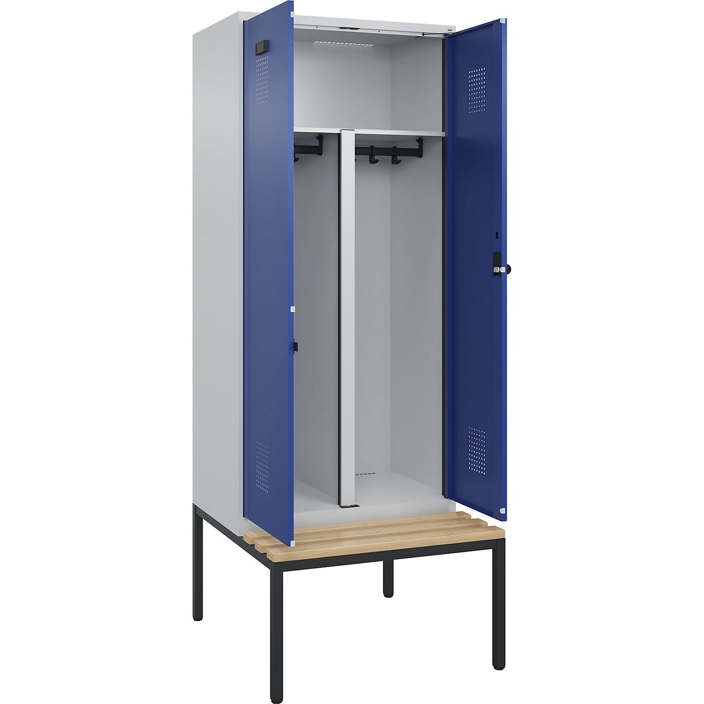 Evolo PLUS clean and dirty bench seat clothes locker, 2 compartments, shortened centre divider, light grey / gentian blue, W 800 mm, security rotary bolt, with bench fitted below, beech.