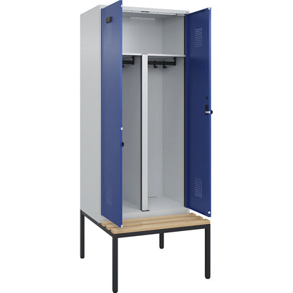 Evolo PLUS clean and dirty bench seat clothes locker, 2 compartments, shortened centre divider, light grey / gentian blue, W 800 mm, security rotary bolt, with bench fitted below, beech.