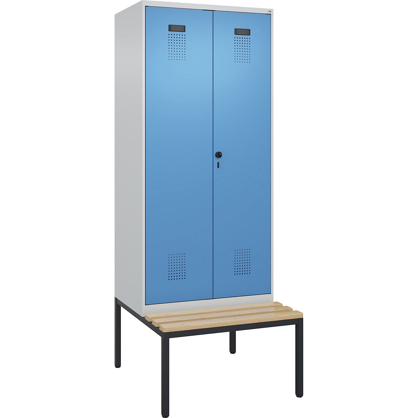 Evolo PLUS clean and dirty bench seat clothes locker, 2 compartments, shortened centre divider, light grey / light blue, W 800 mm, security rotary bolt, with bench fitted below, beech.