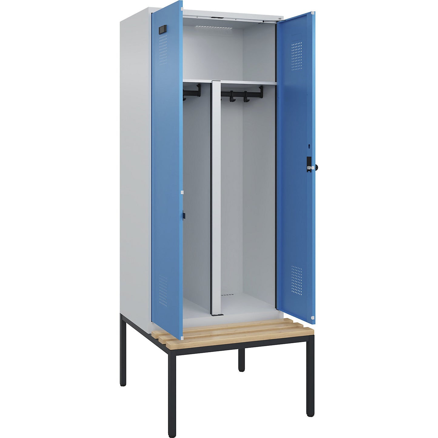 Evolo PLUS clean and dirty bench seat clothes locker, 2 compartments, shortened centre divider, light grey / light blue, W 800 mm, security rotary bolt, with bench fitted below, beech.