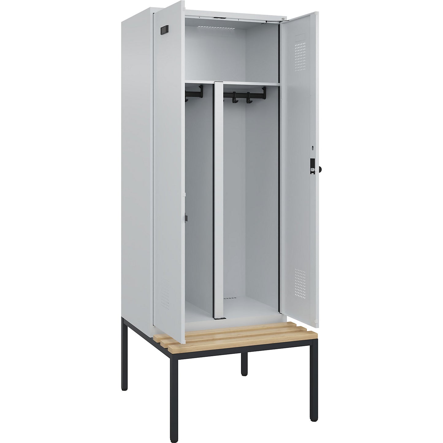 Evolo PLUS clean and dirty bench seat clothes locker, 2 compartments, shortened centre divider, light grey / light grey, W 800 mm, security rotary bolt, with bench fitted below, beech.