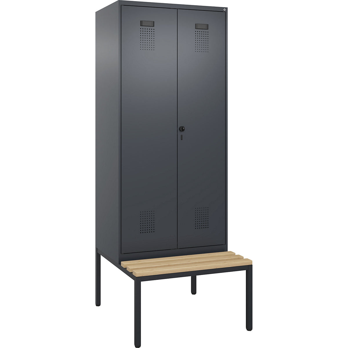 Evolo PLUS clean and dirty bench seat clothes locker, 2 compartments, shortened centre divider, grey, W 800 mm, security rotary bolt, with bench fitted below, beech.