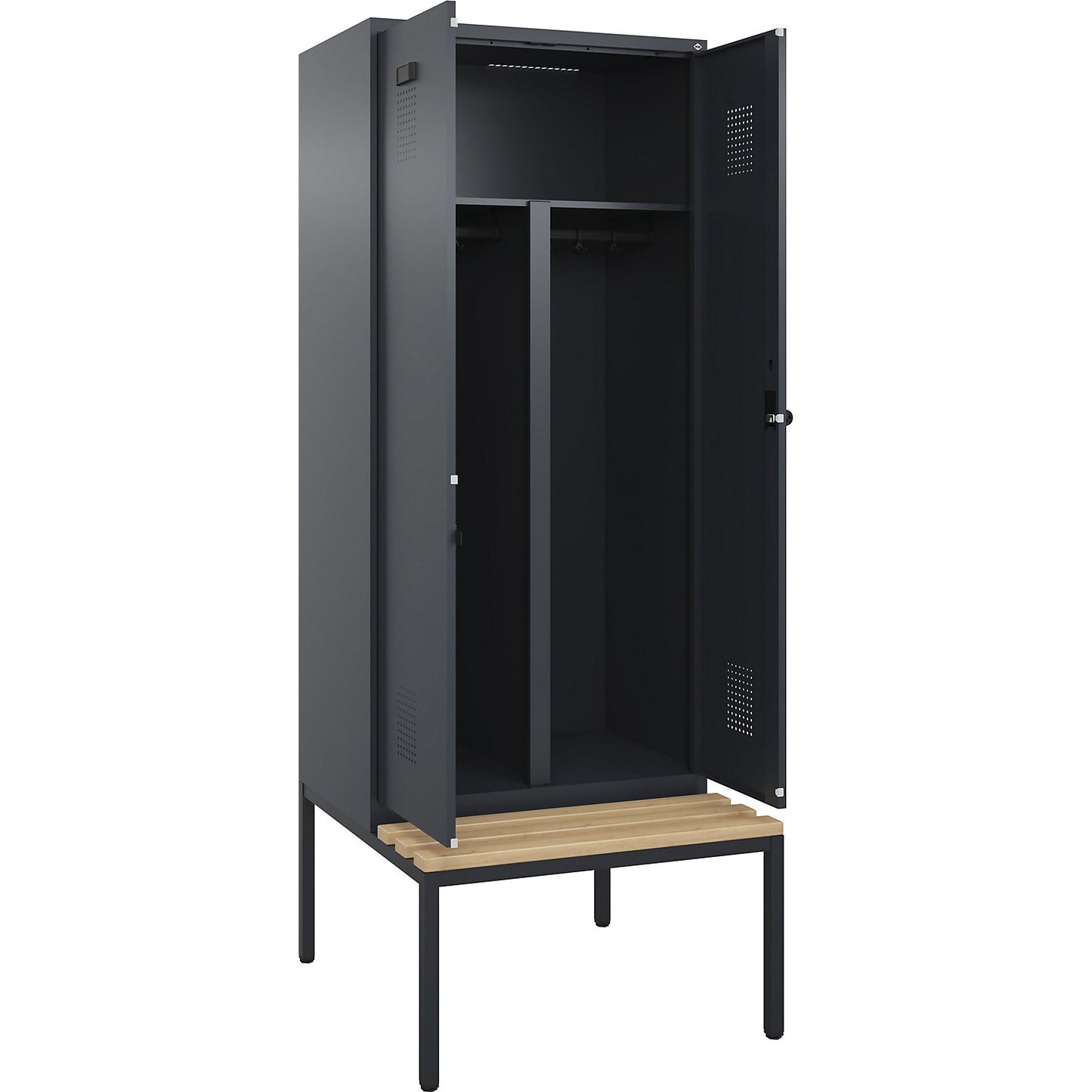 Evolo PLUS clean and dirty bench seat clothes locker, 2 compartments, shortened centre divider, grey, W 800 mm, security rotary bolt, with bench fitted below, beech.