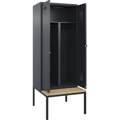 Evolo PLUS clean and dirty bench seat clothes locker, 2 compartments, shortened centre divider, grey, W 800 mm, security rotary bolt, with bench fitted below, beech.