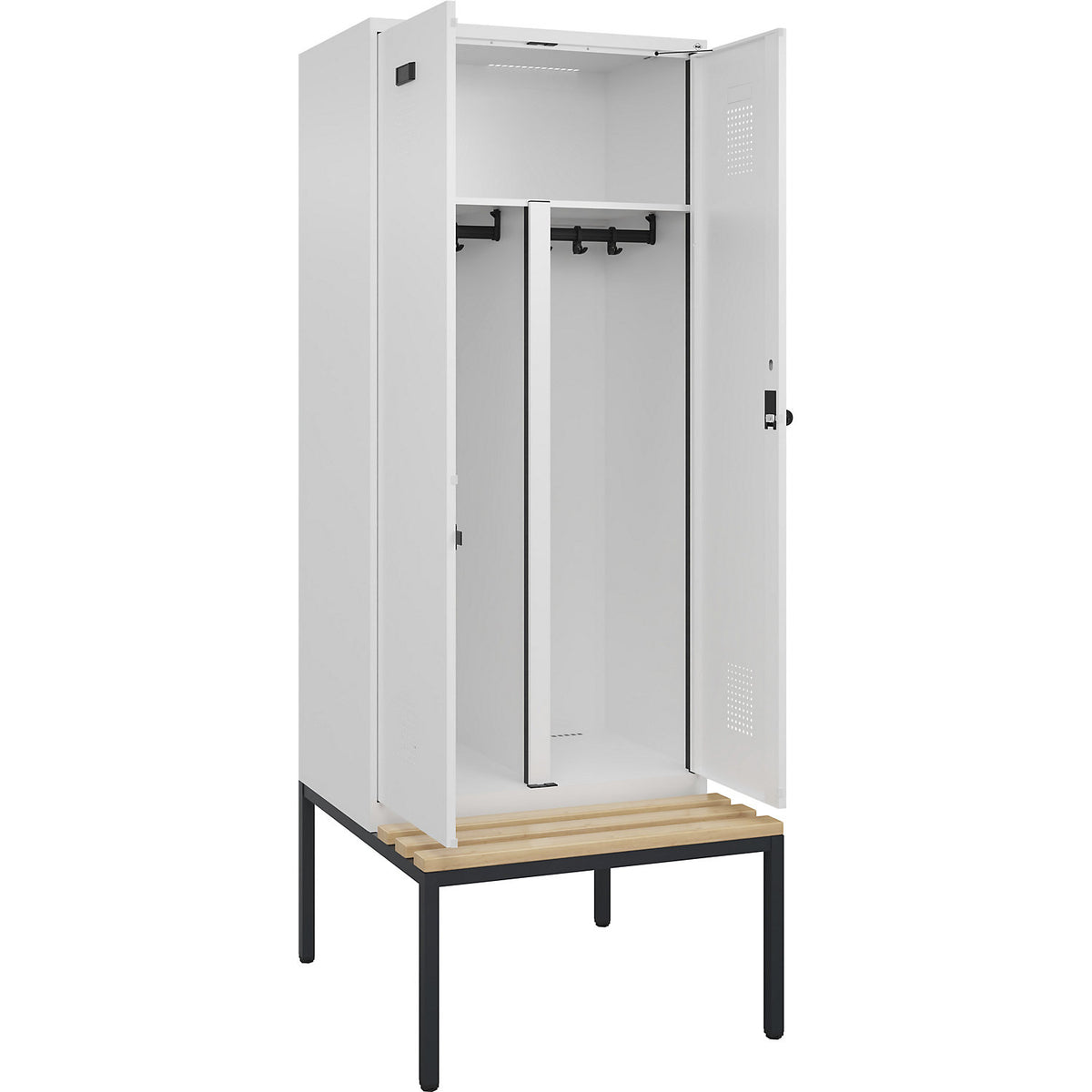 Evolo PLUS clean and dirty bench seat clothes locker, 2 compartments, shortened centre divider, white, W 800 mm, security rotary bolt, with bench fitted below, beech.