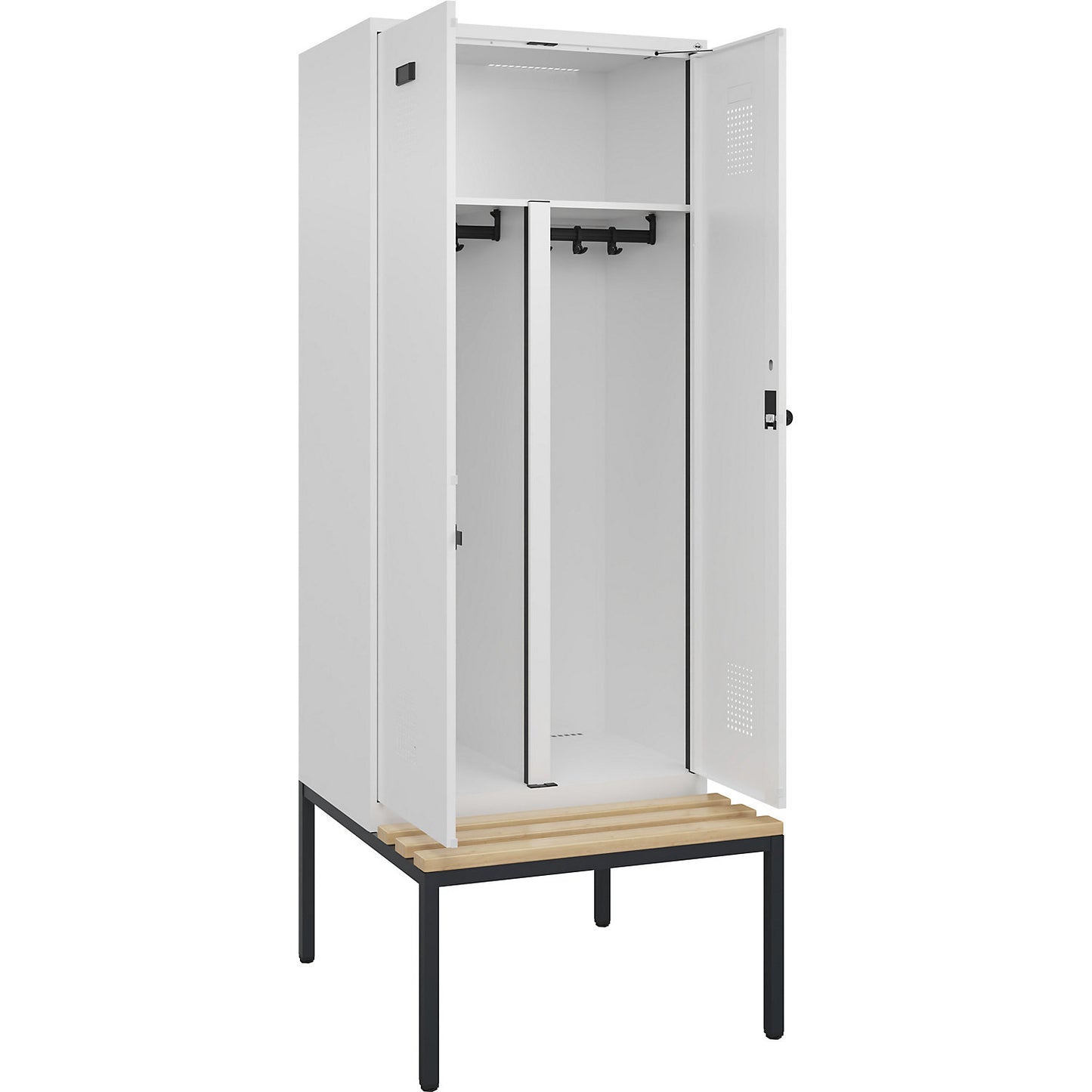 Evolo PLUS clean and dirty bench seat clothes locker, 2 compartments, shortened centre divider, white, W 800 mm, security rotary bolt, with bench fitted below, beech.