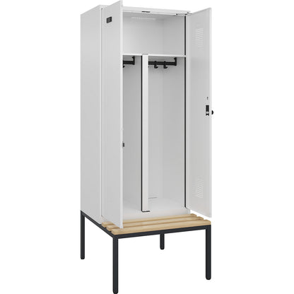 Evolo PLUS clean and dirty bench seat clothes locker, 2 compartments, shortened centre divider, white, W 800 mm, security rotary bolt, with bench fitted below, beech.